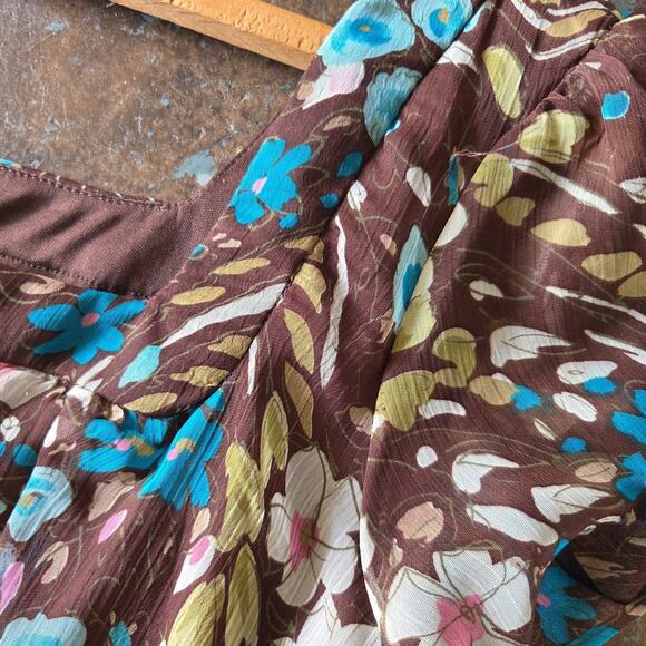 Vintage Y2K Floral Print Milkmaid Dress Size 14 P Brown Flutter Sleeve Chiffon - Picture 6 of 8